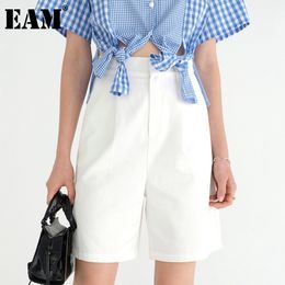 [EAM] High Waist White Casual Pocket Knee Length Wide Leg Trousers Loose Fit Pants Women Fashion Spring Summer 1DD7851 21512