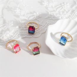 Fashion gold Plated Rectangle Gradient Glass Crystal Rings chromatic Geometric Ring for Women Jewellery gift