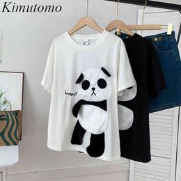 Kimutomo Korean Cartoon Panda T-shirt Female Chic Hong Kong Flavour Summer Loose Short Sleeve O Neck Top Girl Casual 210521