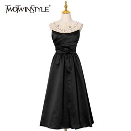 Black Patchwork Pearl Dress For Women O Neck Sleeveless High Waist Midi Dresses Female Summer Fashion Clothing 210520