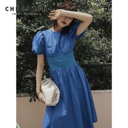 Cotton Blue Puff Sleeve Tunic Dress Summer Short Knee Length Women Vintage Korean Fashion 210427