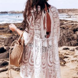 Embroidery Coverups for Women Tunic Beach Cover Up Dress Solid Blouse Beachwear Lace Fishnet Bikini Wrap White Cover-up