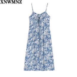 women Fashion boho Split vestido Vintage Blue Print midi dress Elegant Center Bandage Adjust spaghetti strap Dresses 210520