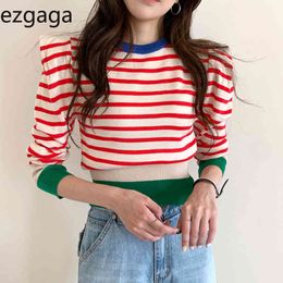 Ezgaga Stripe Sweater Pullover Women Chic Fashion O-Neck Long Puff Sleeve Stretch Ladies Crop Tops All-match Fashion Streetwear 210430