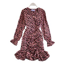 V Neck Pink Ruffle Long Sleeve Mini Dress Loose Elegant Vocation Beach Floral Print Sexy D1654 210514