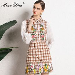 Summer Runway Fashion Plaid Print Suit Women Long sleeve Casual Blouse and Mermaid Skirt 2 Pieces Short Skirts Set 210524