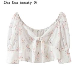 Summer Casual Chic Floral Print Ladies Crop Top Holiday Chiffon Short Sleeve Women Sexy Deep V-neck Blouses 210514