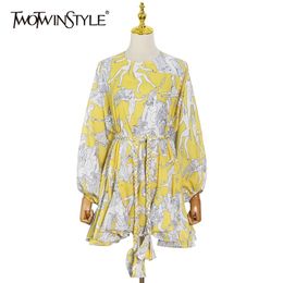 Yellow Print Dress For Women O Neck Lantern Long Sleeve High Waist Sashes Slim Mini Dresses Female Fashion 210520