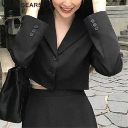 Short blazer women korean blazer long sleeve vintage tops women blazers buttons notched neck crop top casual streetwear X0721
