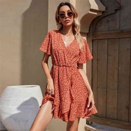 Summer V-neck mini dress high-waist fashion print short-sleeved A-line for women ruffle chiffon slim female vestidos 210508