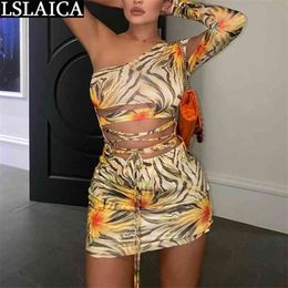 Mini Dress Hollow Out Skinny Sexy Club Fashion Arrival es for Women Off Shoulder Printing One 210515
