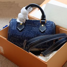 Blue Cowboy Pillow Bag Women Old Flower Crossbody Handbag Samll Zipper Handbag Drum Shoulder Back Package Long Starp