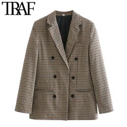 TRAF Women Fashion Office Wear Double Breasted Plaid Blazer Coat Vintage Long Sleeve Pockets Female Outerwear Chic Tops 210415