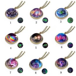 Vintage Glow in The Dark Universe Starry necklaces For Women Men Double sided Glass ball nebula Outer space Pendant chain Fashion Jewelry