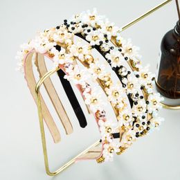 Elegant Korean Imitation Pearl Flower Headband Temperament Sparkly Crystal Beaded Hairband Female Party Tiara Crowns