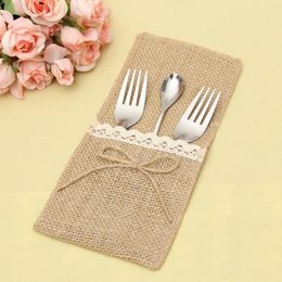 Country Wedding Table Silverware Holder Natural Burlap Cutlery Pockets Fork Knife Bags Rustic Wedding Decoration
