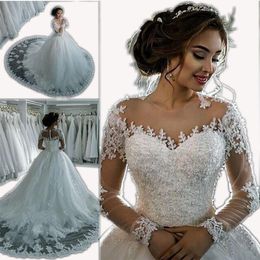 2021 New Dubai Elegant Long Sleeves A-line Wedding Dresses Sheer Crew Neck Lace Appliques Beaded Vestios De Novia Bridal Gowns wit306z
