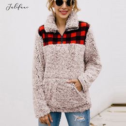 Autumn Winter Women Plaid Stitching Long Sleeve Sweatshirt Plush Warm Tops Zipper Front Pocket Clothing Female Streetwear 210415