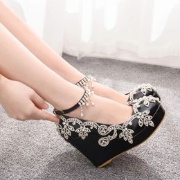 Women Wedge High Heels Luxury Tassels Rhinestone Ankle Straps Bridal Wedding Shoes Platform Evening Party Pumps