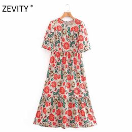 Zevidade mulheres vintage flor impressão pregas uma linha Midi vestido elegante senhora manga curta vestido chique casual vestido festa slim ds4226 210603
