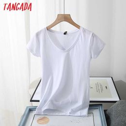 Tangada Women Summer V Neck Cotton T Shirt Short Sleeve Tees Ladies Casual Tee Shirt Street Wear Top 6D02 210609