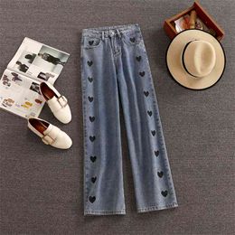 Wide Leg Jeans Women Love Printing Vintage Harajuku Loose Casual Denim Pants Spring Street High Waist Woman Trousers 210514