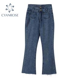 Flare Denim Pants Loose Korean High Waist Hem Tassel Jeans Female Cowboy Trousers Casual Elegant Retro Pocket Wash New Pant 210417