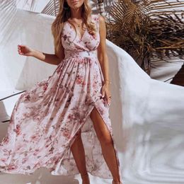 Spring Summer Chiffon Dress Women Sexy Deep V-neck Floral Print Dress Boho Elegant Sleeveless Split Long Dresses Maxi 210415