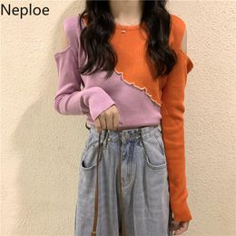 Neploe Patchwork Contrast Color Knitted Pullovers Hollow Out Off Shouler Sweaters Women Ruffles Fashion Jumper Tops Pull Femme 210422