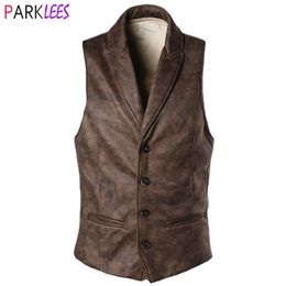 Retro Suede Vest Waistcoat Men Vintage Style Slim Fit Mens Sleeveless Vests V Neck Halloween Party Cosplay Chaleco Hombre 210923