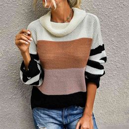 Multicolor Stripe Sweater Women's Autumn Winter Fashion All-match casual Turtleneck loose knit Pullover 210508
