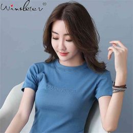 Summer Korean Clothes Cotton T-Shirt Sexy Embroidered Letter Women Tops Solid Slim Elastic Bottoming Shirt Tees T13007A 210421