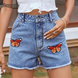 Butterfly Embroidery Wide Leg Denim Shorts Women Summer Casual High Waist Raw Hem Jean Female Streetwear 210510