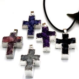 Natural Crystal Quartz Silver Plated Cross Pendant Necklaces Women Men Original Stone Style Fashion Party Club Jewellery