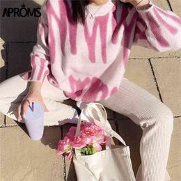 Aproms Elegant Korean Fashion Rose Stripe Print Long Sweater Women Winter Streetwear Pink Knitted Pullovers Loose Outerwear 210914