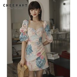 Oil Painting Floral Vintage Puff Sleeve Dress Summer Square Neck Pink Tunic Women Elegant Backless Mini 210427