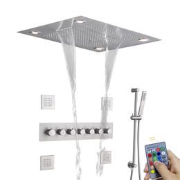 Brushed Nickel Shower Mixer Set 80x60 Cm 7 Colours LED Thermostatic Bathroom ceiling Rainfall Concealed Shower System