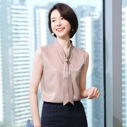 Korean Women Blouses Silk Tops Woman Sleeveless Shirts Satin Blouse Shirt Bow Tie White Plus Size XXXL 210604