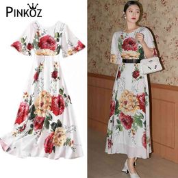 fashion red flower printed O-neck flare short sleeve summer holiday maxi dress belt women casual party clothing chic 210421