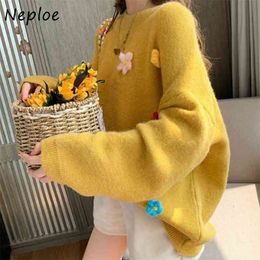 Fresh Sweet Colourful Flower Stitching Pullover Autumn Winter Loose All-match Knitted Top Cute Sweater Women 210422