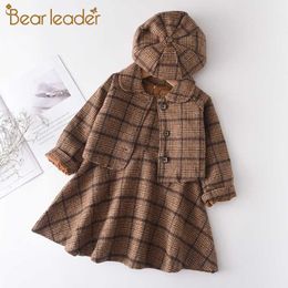 Bear Leader Girls Fashion Plaid Clothing Sets Autumn Kids Elegant Outfits Girl Party Costumes Children Clothes with Hat 210708