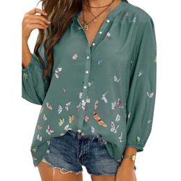 Print Long Sleeve Turn-down Collar Women Shirt Office Casual Elegant Tops Summer Loose Vintage Plus Size Ladies Blouses 210608