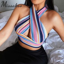 Missakso Knit Patchwork Halter Neck Crop Top Beach Club Women Fashion Y2K Summer Sexy Skinny Backless Sleeveless Tank Tops 210625