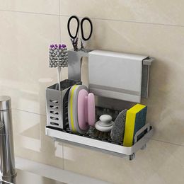 Stainless Steel Sponge Soap Brush Holder Kitchen Sink Caddy Organizer With Drain Pan Premium Kitchen Drying Rack Organizer 210705