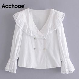 Stylish Embroidery White Shirt Women Spring Autumn Flare Long Sleeve Chic Ladies Tops Double Breasted Vintage Blouse 210413