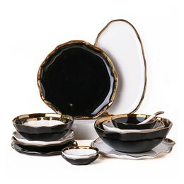 Luxury Gold Rim Scalloped Dinnerware Set Ruffled Ceramic Appetizer Plate Cereal Soup Salad Bowl Serving Dishes Platter White Black
