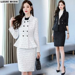 Womens Formal Skirt Suits Women Business Jacket Skirt Set Elegant Wool Blazer Office Lady Work Wear Outfits Female Clothing 210927