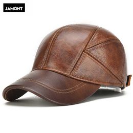 Men Real Cowhide Leather Earlap Caps Male Fall Winter 100% Real Cow Leather Hats New Casual Real Leather Outdoor Baseball Cap Q0911