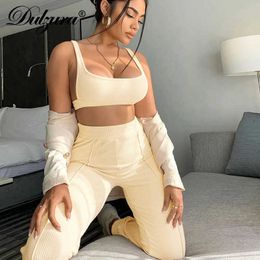 Dulzura ribbed patchwork women 2 piece set crop top tanks sweatpants high waist bodycon sexy streetwear matching workout fitness Y0625