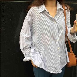 Minimalist Striped Blouse Women's Spring Lapel Large Size Single Breasted Pocket Long Sleeve Shirt Top 5C143 210427